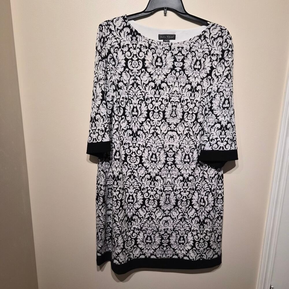 Jessica Howard 18W Damask Black and White Three Quarter Sleeve Dress